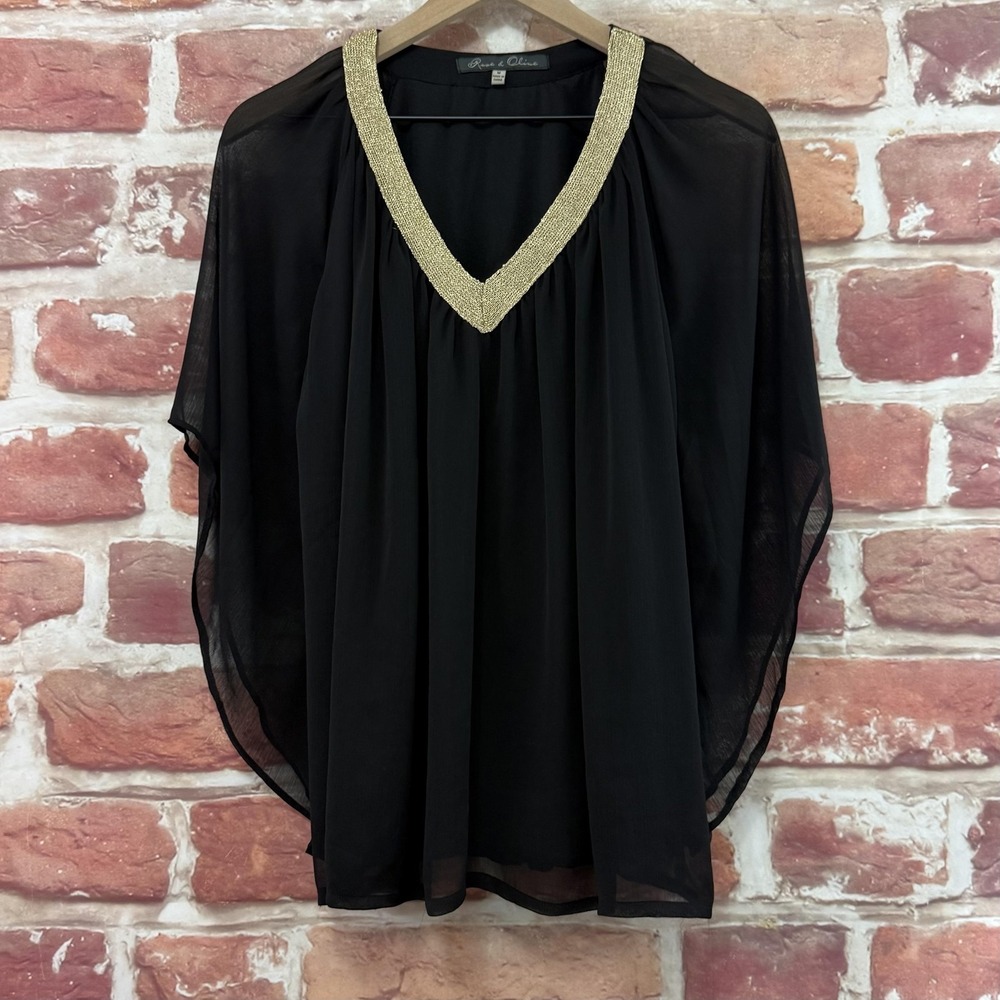 Rose & Olive Top Women's S Black Gold Metallic V Neck Sheer Casual Evening Shirt